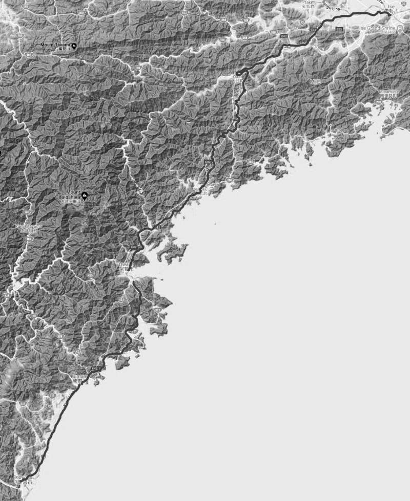 Iseji route on a black and white map