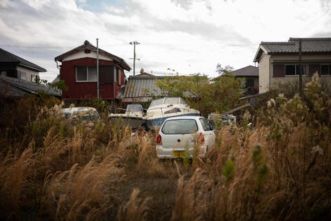 More susuki grass, some cars parked willy-nilly in an abadoned lot, a boat lopsided in the background.