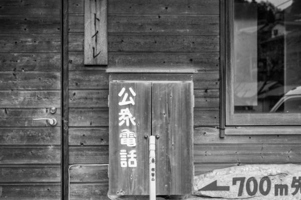 A public telephone box and walking stick