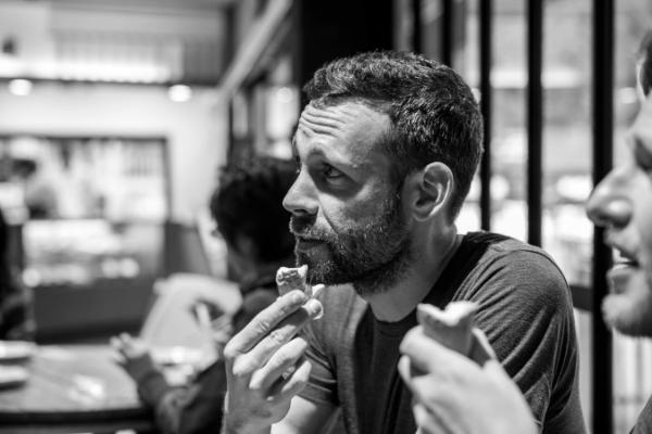 Dan Rubin and Matt Mullenweg eating celebratory ice cream next to the Oku-no-in Cemetery of Koya-san